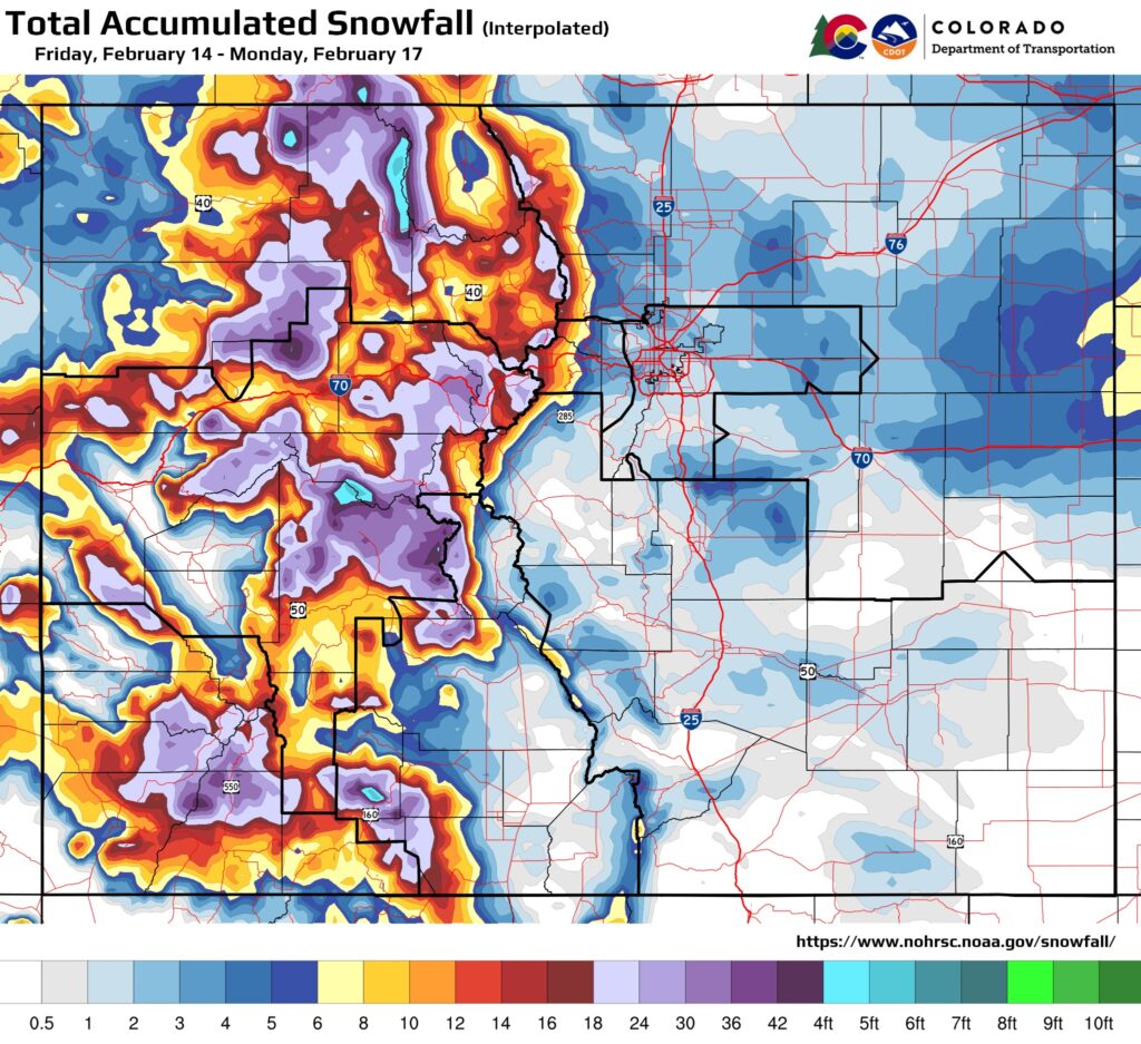 A map of snowfall in Colorado from February 14-17.